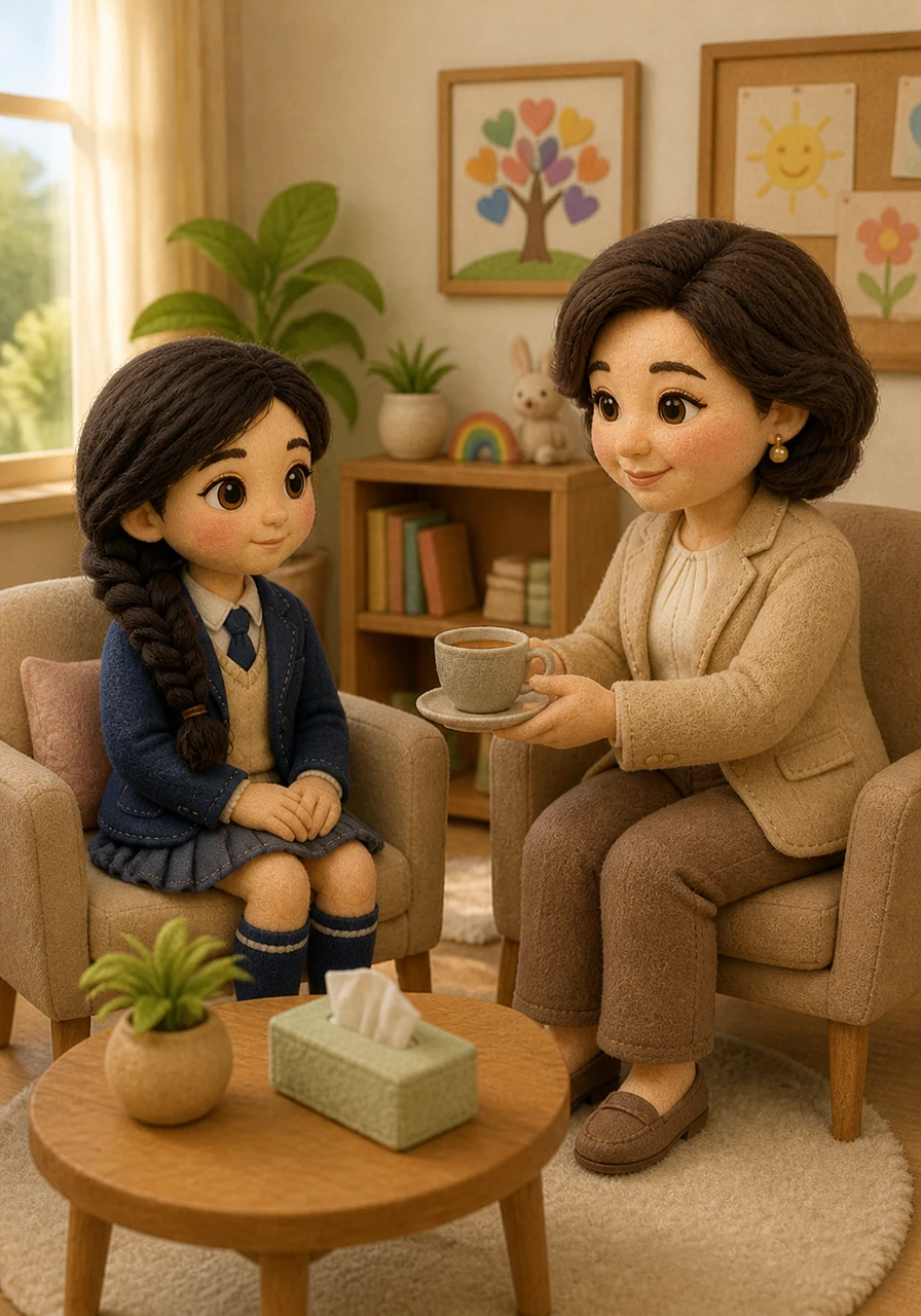 Inside the welcoming office of the school psychologist, Maira Abylkairovna, Aisha finds a peaceful sanctuary filled with soft light and colorful decorations. Maira sits across from her, offering a gentle smile and a warm cup of tea that immediately makes Aisha feel at ease.