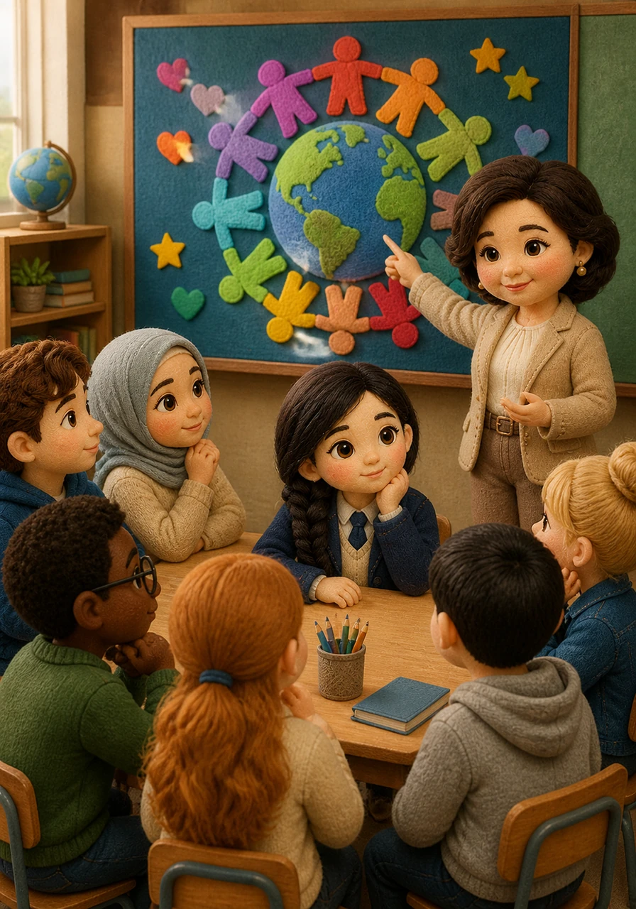 Maira explains the power of unity to the 8th-grade students, pointing to a vibrant board titled We are a Team! Aisha looks around at her diverse group of classmates, wondering how such different people can find common ground and work toward a single goal.