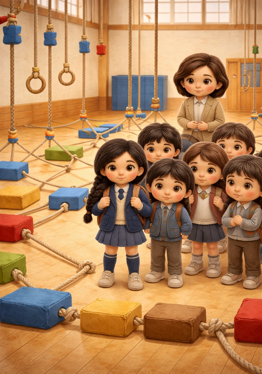 The class gathers in the spacious gymnasium, staring at a complex series of ropes and building blocks that they must navigate together. The challenge seems impossible, and a wave of doubt washes over the group as they realize they cannot solve it alone.
