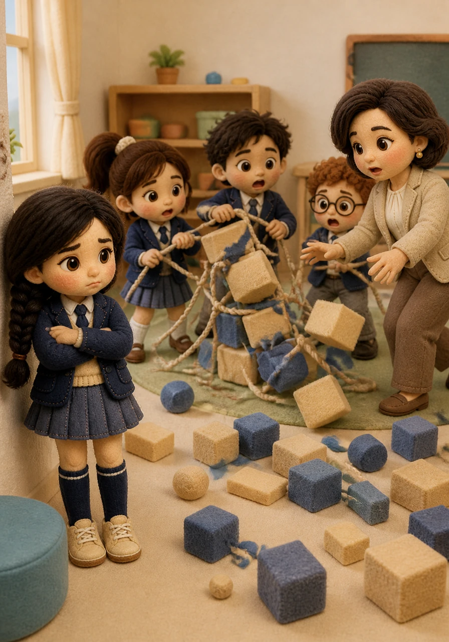 Chaos ensues as everyone tries to take charge at once, resulting in tangled ropes and fallen blocks scattered across the floor. Aisha feels frustrated and retreats to the side, watching the disorganized efforts of her peers as the tower they are building collapses.