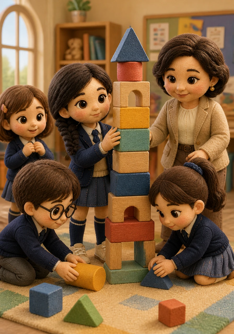 Aisha finds herself right in the middle of the action, helping to steady a tall tower as her classmates secure the base with precision. The feeling of shared effort and mutual trust creates a newfound sense of belonging and excitement in her heart.