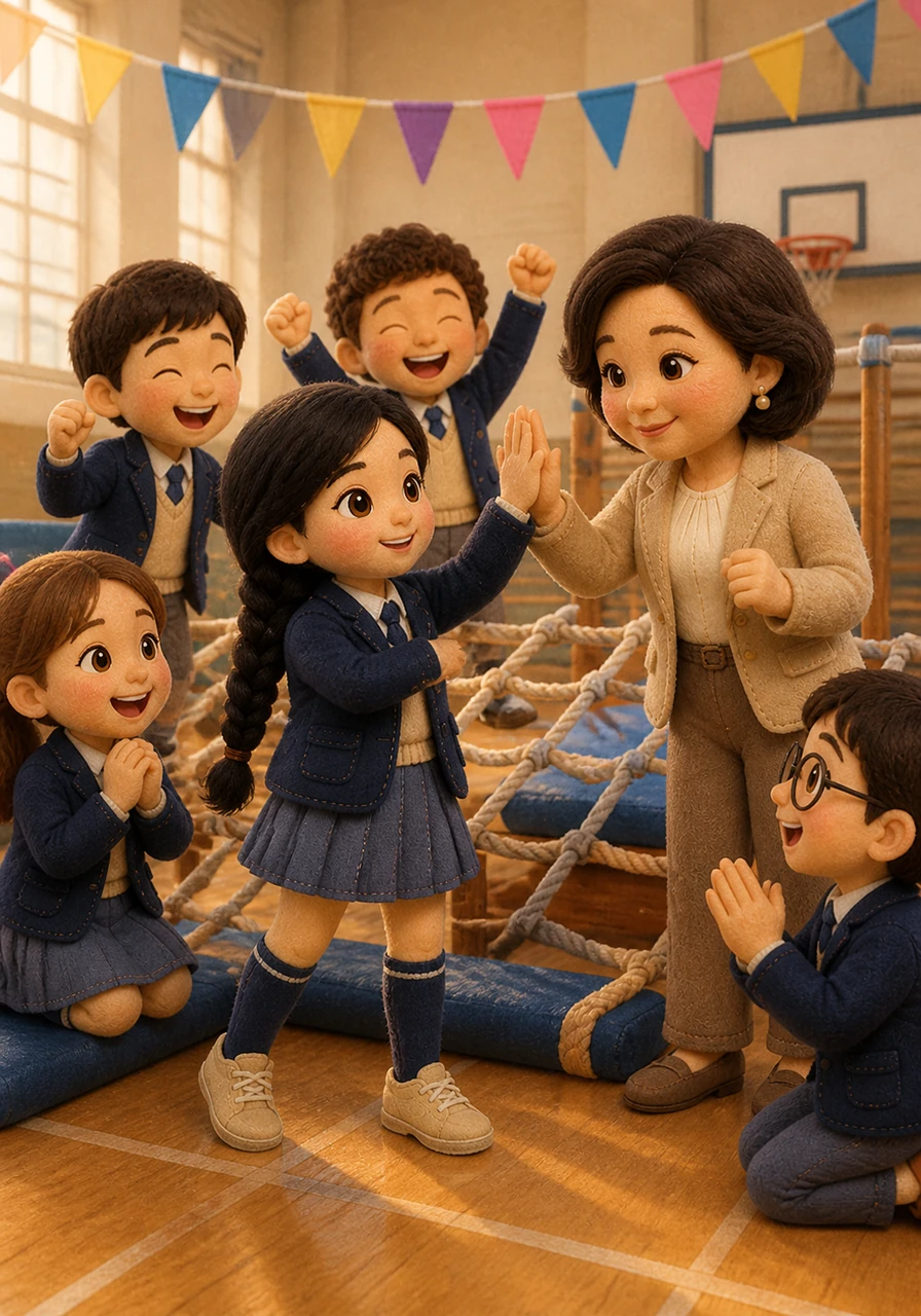 With a final collective effort, the team completes the difficult challenge, and the gymnasium erupts in cheers, laughter, and high-fives. Aisha realizes that her classmates are not just peers, but partners who make her stronger and more capable than she ever was alone.