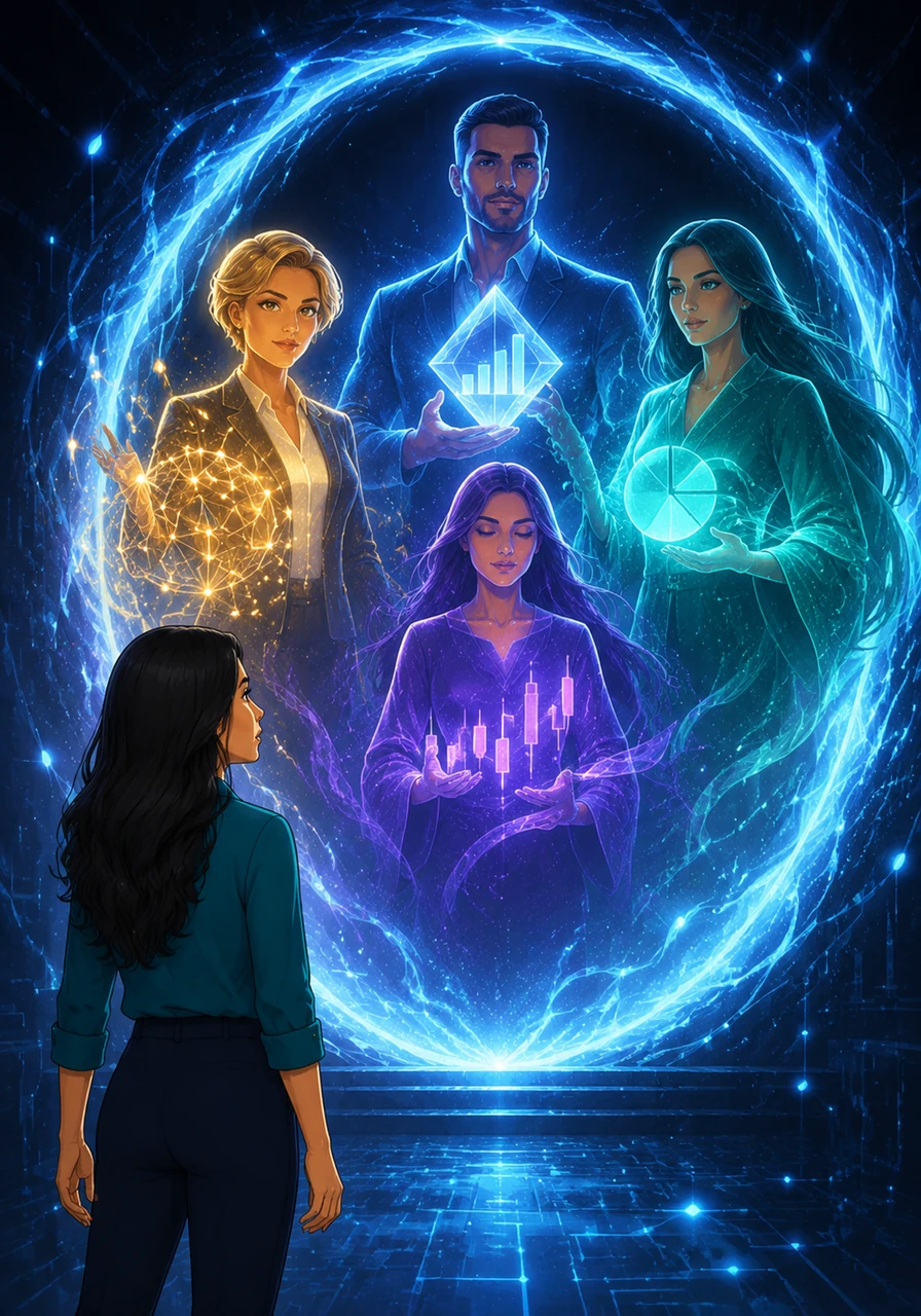 Riya stands before the glowing portal of the Bears and Bulls app, where four majestic AI spirits hover in a digital void, representing the wisdom and speed of a new era of finance.