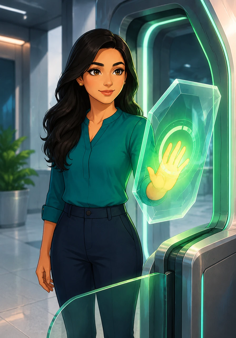 She begins her journey by entering her details into a floating crystalline interface, watching as a pulse of green light signals that the compliance gate has instantly verified her identity.
