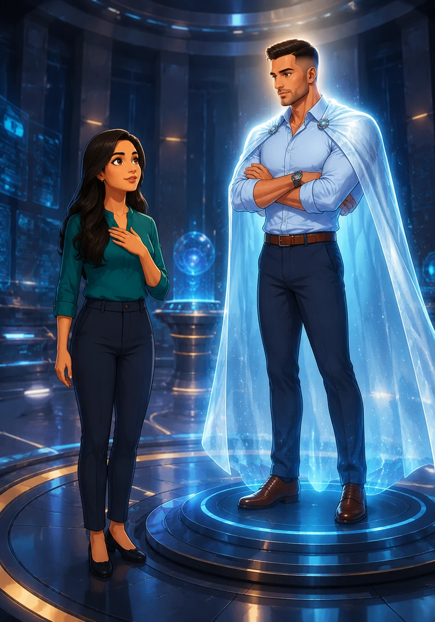 Riya explores the Strategy Hall and chooses the Guardian, a stoic AI strategist draped in protective light, specialized in shielding her wealth while seeking steady growth.
