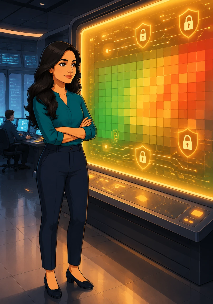 In the Risk Center, Riya views a glowing heatmap of her investments, where a safety score provides her with the peace of mind that her treasures are protected by automated circuit breakers.
