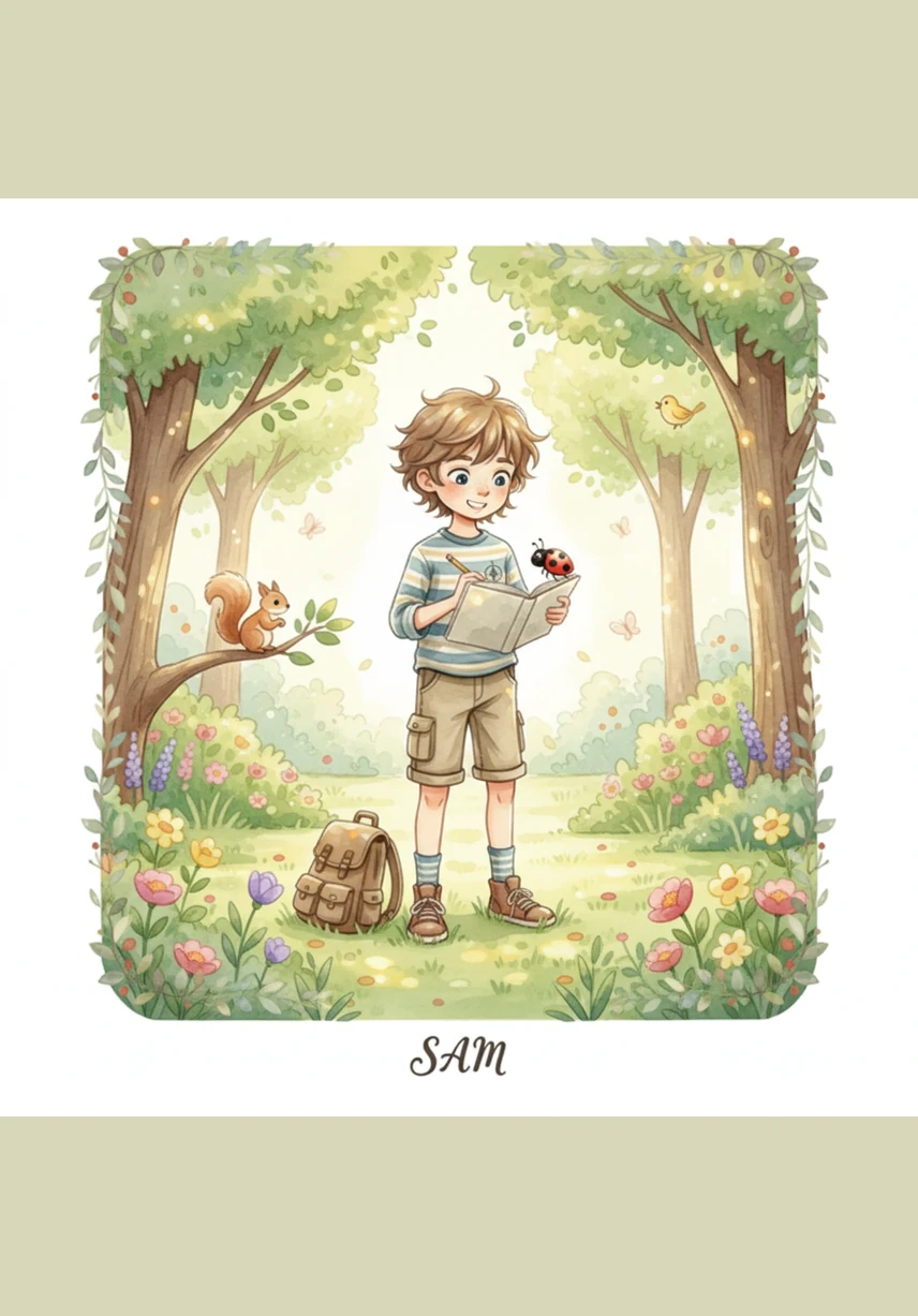 A young boy named Sam stands in a sunny park filled with green grass and tall trees. He looks down at a simple, brown wooden stick lying on the ground near his feet.