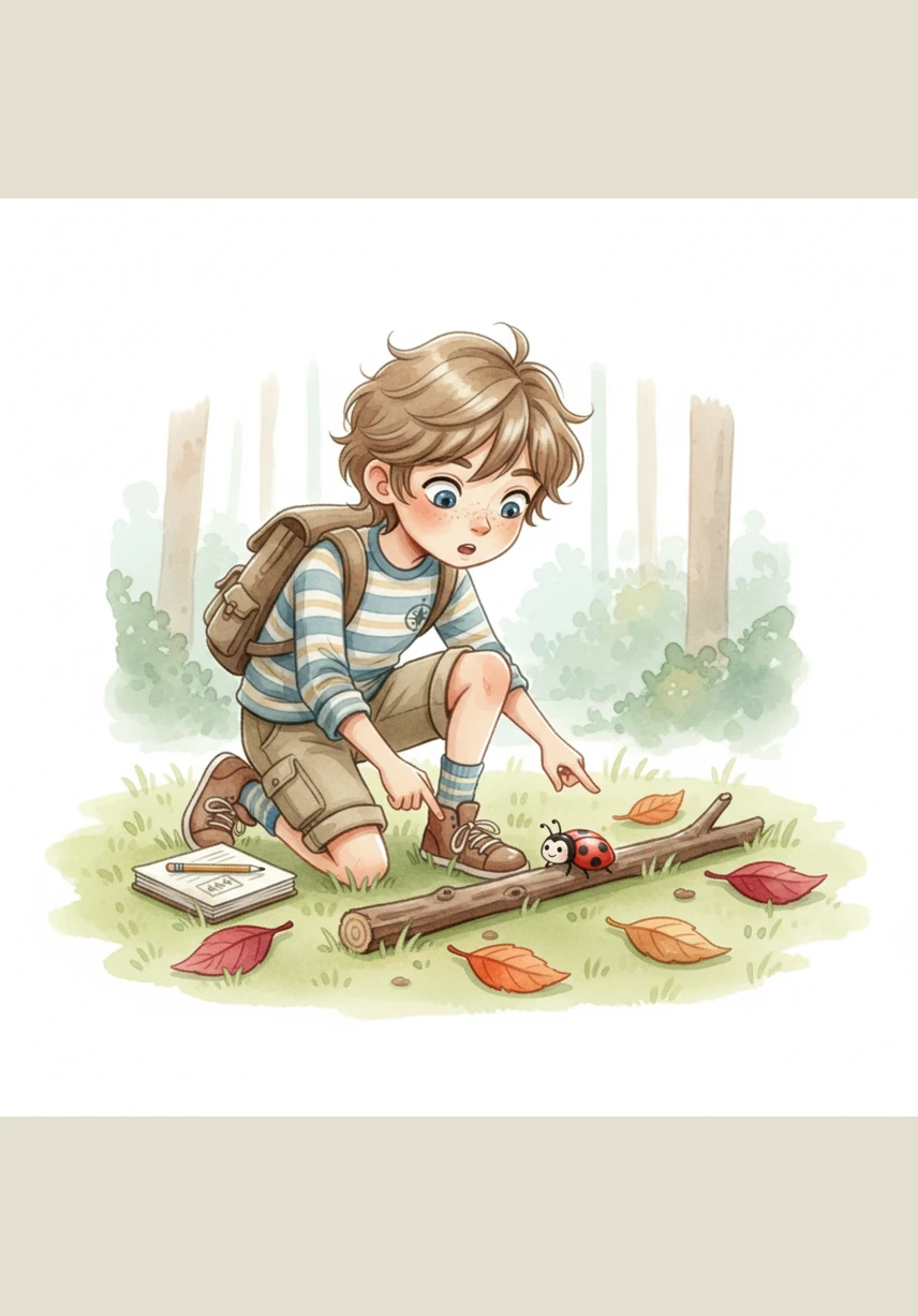 The stick lies still on the soft grass, surrounded by a few fallen autumn leaves. It is just a plain branch, but Sam looks at it with great curiosity.