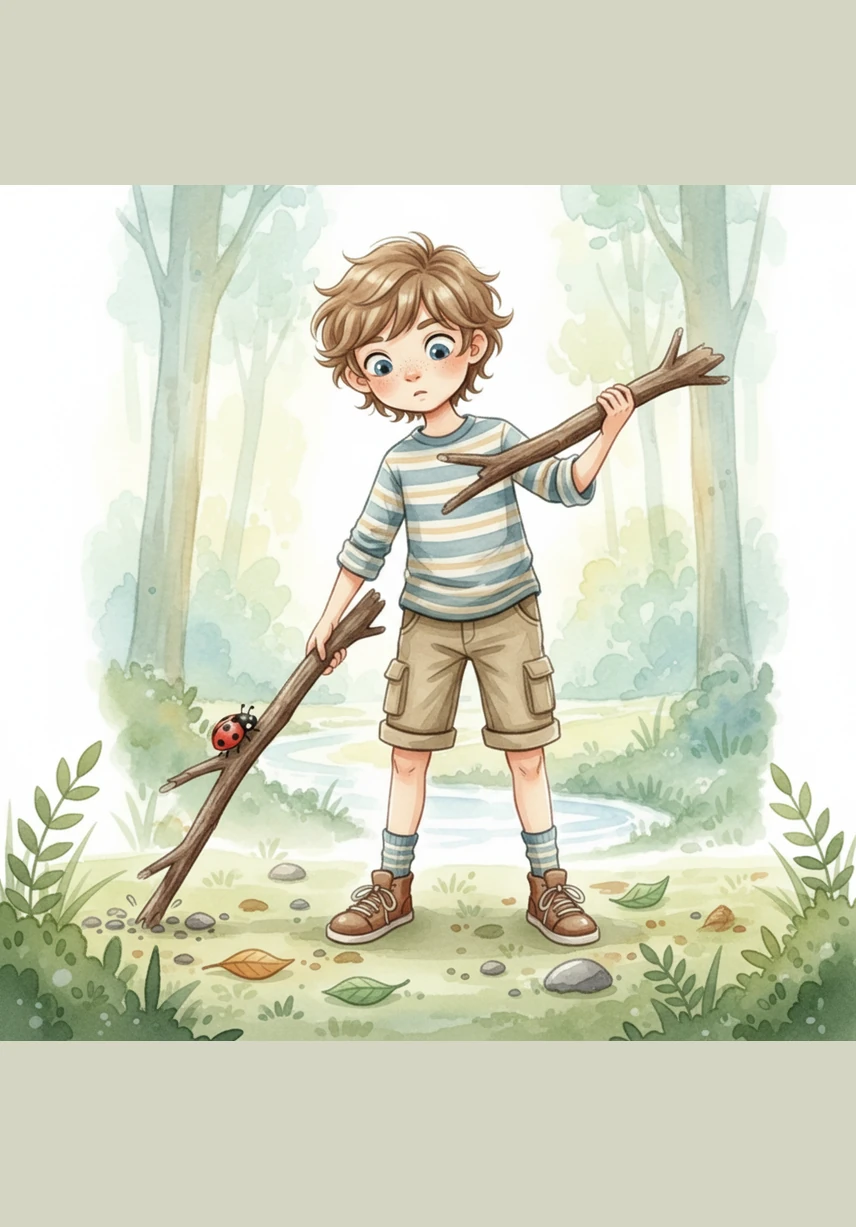 Sam reaches down with his small hand and firmly grasps the wooden stick. He picks it up and holds it toward the sky, feeling its weight and texture.