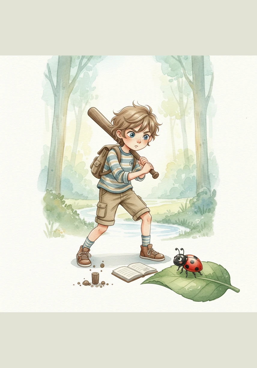 Sam stands in a batting stance, holding the stick like a heavy baseball bat. He taps the end of the stick against the ground three times, preparing for a big hit.