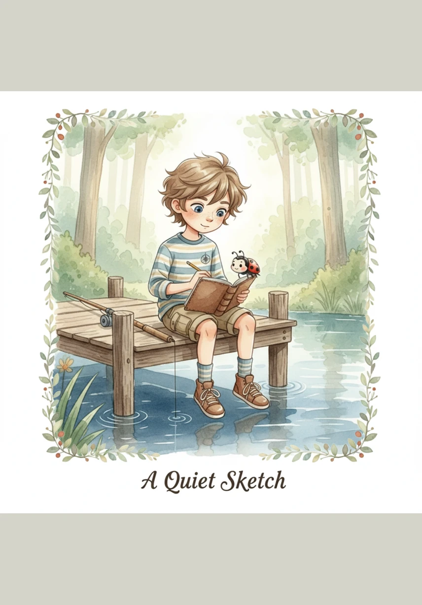 Sam sits quietly on a wooden dock by a calm, blue pond. He holds the stick out over the water like a fishing rod, waiting patiently for a little fish to bite.