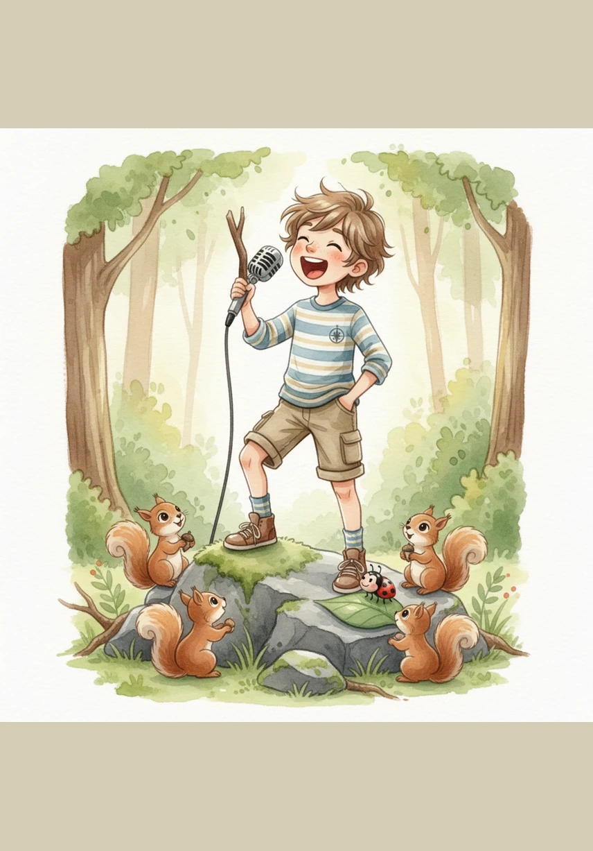 Sam stands on a small rock and holds the stick up to his mouth like a silver microphone. He opens his mouth wide and pretends to sing a happy song to an audience of squirrels.