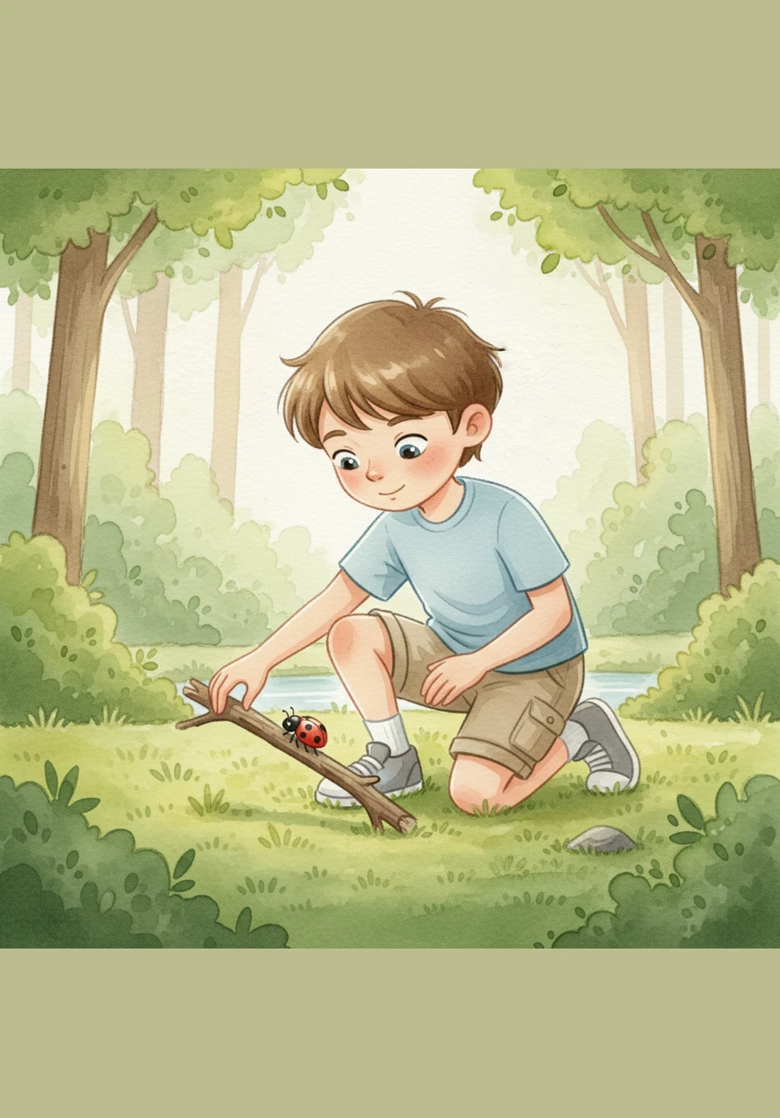 Sam gently places the stick down on a patch of soft green moss. A tiny red ladybug with black spots climbs onto the stick, using it as a safe log to rest on.