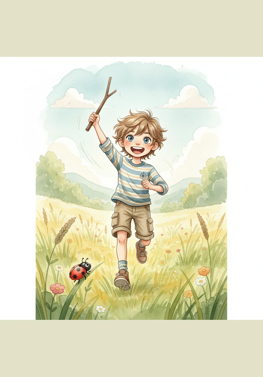 Sam runs through the meadow with a giant grin, waving his stick in the air. He realizes that his imagination can turn any simple object into a world of endless fun.