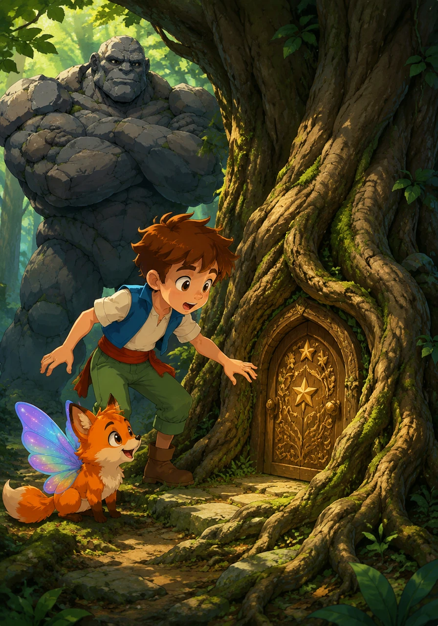 Deep in the emerald forest, Leo found the ancient oak tree his grandfather had once described in hushed tones. Nestled between the thick, gnarled roots was a tiny door carved with intricate patterns of leaves and stars.