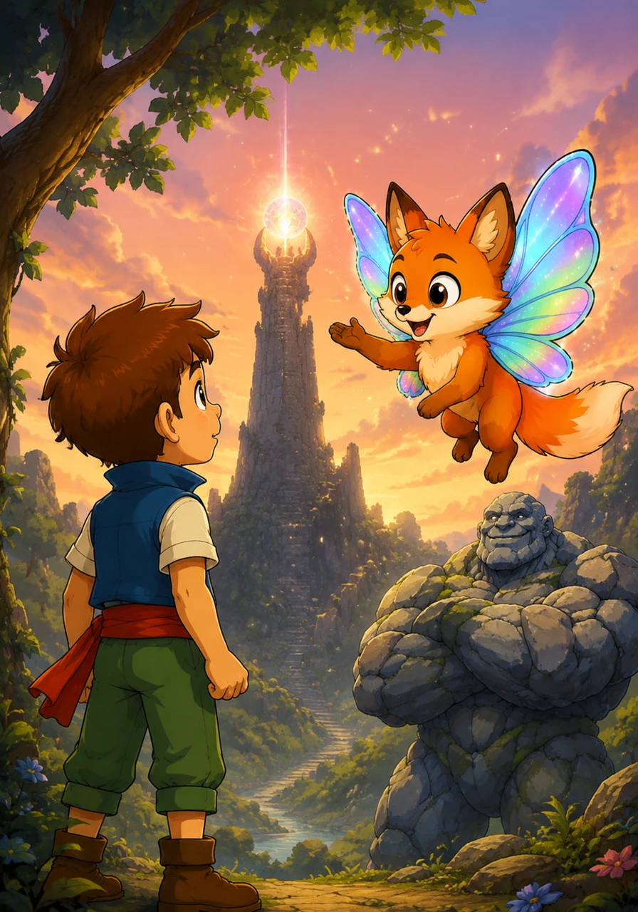 A small fox with iridescent wings named Pip fluttered down from a nearby branch to greet the newcomer. Pip explained that the Great Beacon of Eldoria had dimmed, and only a heart full of courage could restore its glow.