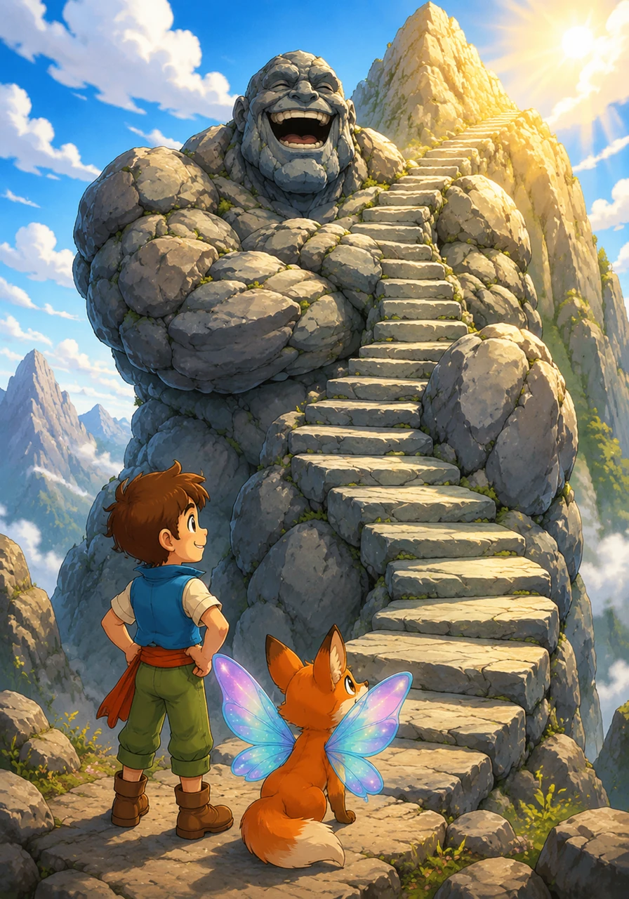 With a confident smile, Leo answered that the secret was kindness, causing the giant to rumble with deep, joyful laughter. The giant stepped aside and transformed his rocky body into a winding staircase that led straight to the summit.