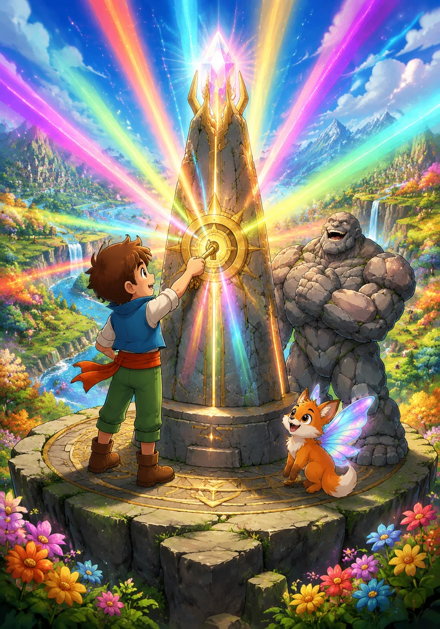 At the very top of the world, Leo reached the Great Beacon and carefully slotted the golden key into its center. A magnificent explosion of rainbow light erupted, sweeping across the valleys and restoring color to every flower and leaf in Eldoria.