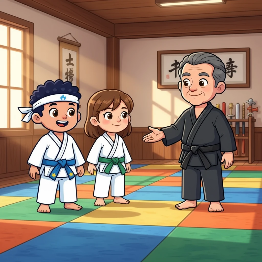 João e Mia, dois amigos inseparáveis, entraram no dojô pela primeira vez. O tatame, com suas cores vibrantes, parecia um grande tapete mágico pronto para aventuras. Sensei Jack, com um sorriso gentil, os cumprimentou, pronto para guiá-los.