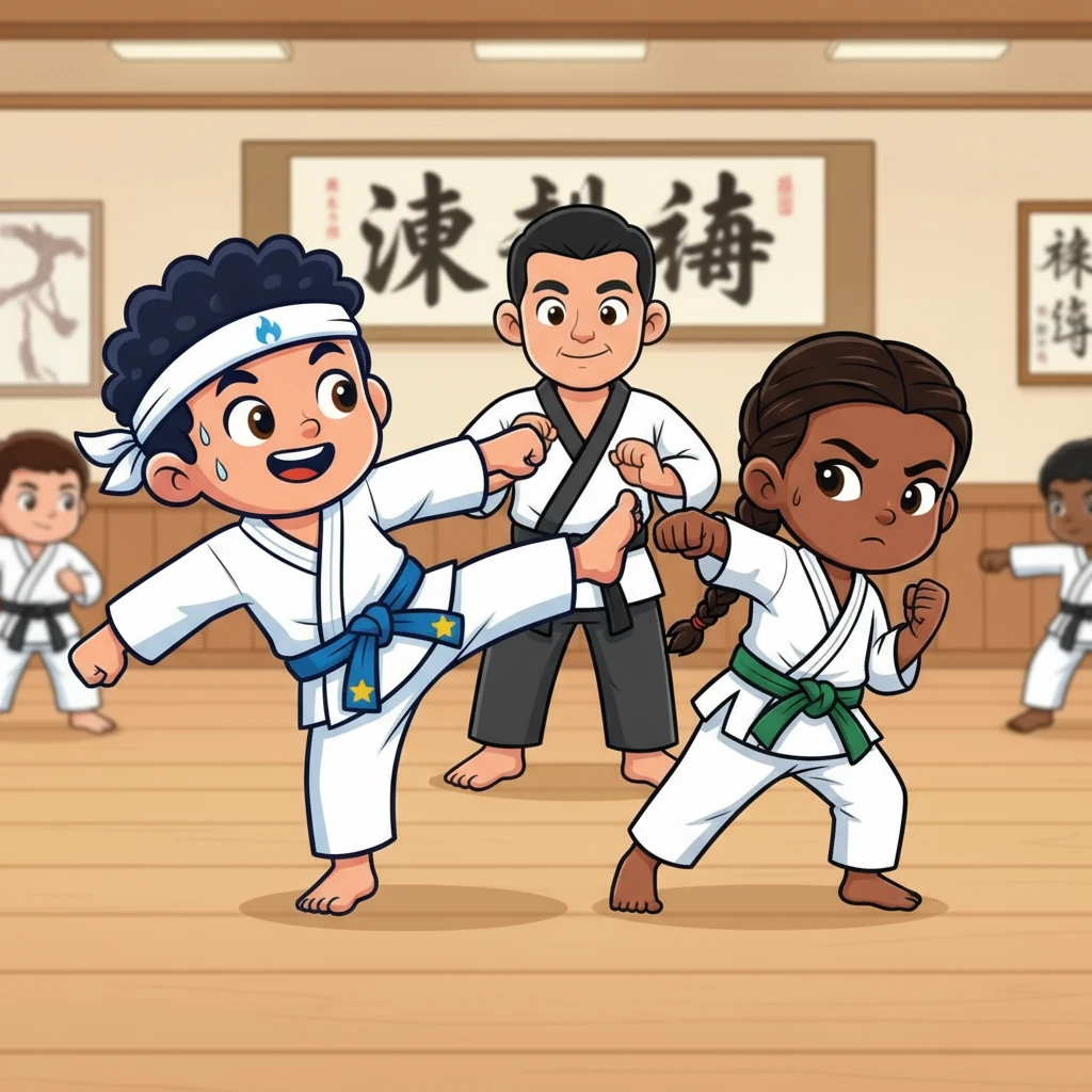 No primeiro treino, João, curioso e cheio de energia, tentava aprender as técnicas com entusiasmo. Mia, com sua determinação, praticava cada movimento com precisão. Ambos sentiam um misto de empolgação e um pouco de nervosismo.