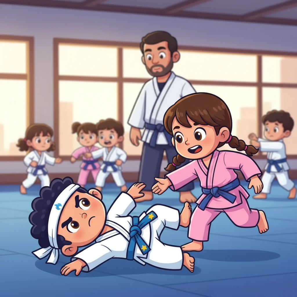 Durante um exercício de queda, João tropeçou e se sentiu frustrado. Mia, percebendo isso, correu para ajudá-lo. Ela o encorajou, dizendo que era normal cair e que o importante era tentar de novo.