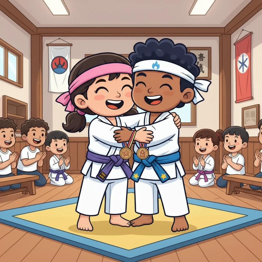 Em uma pequena competição, João e Mia lutaram com garra. Mesmo não vencendo, eles se apoiaram, celebrando os pequenos avanços. A amizade deles se fortaleceu a cada desafio.