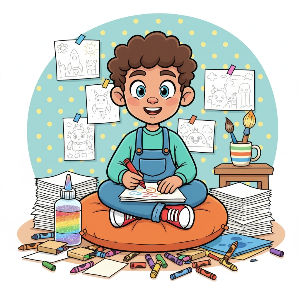 Milo Doodle sat on his big, comfy cushion, surrounded by mountains of colorful crayons, stacks of paper, and glittery glue. His room was a cheerful explosion of creativity, with half-finished drawings taped to the walls and a friendly paintbrush standing guard in a mug. Milo's eyes sparkled with anticipation, ready for a new adventure to begin on paper.