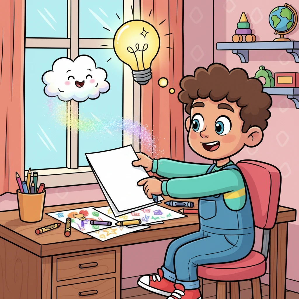 Suddenly, a tiny, giggling cloud floated past his window, leaving a trail of rainbow dust. Milo's eyes widened, a brilliant idea popping into his head like a cheerful balloon. He grabbed a fresh sheet of paper, his imagination already buzzing with whimsical shapes and bright, happy colors.