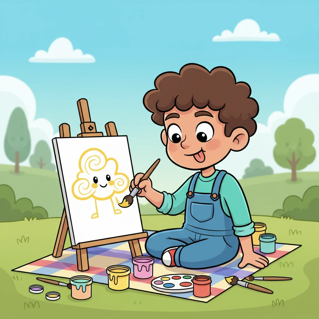 With a joyful hum, Milo dipped his brush into a pot of sunny yellow paint and began to swirl. Lines danced across the page, forming a fluffy, smiling cloud with tiny, wobbly legs. His tongue stuck out in concentration, but his heart was light and full of artistic glee.