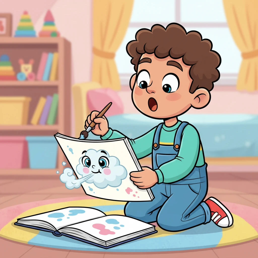 As Milo added sparkling blue eyes and rosy cheeks, the little cloud on the paper seemed to wiggle with life! It blinked its big, friendly eyes and let out a tiny, puff of painted smoke. Milo gasped, delighted that his creation was almost ready to share its joy.