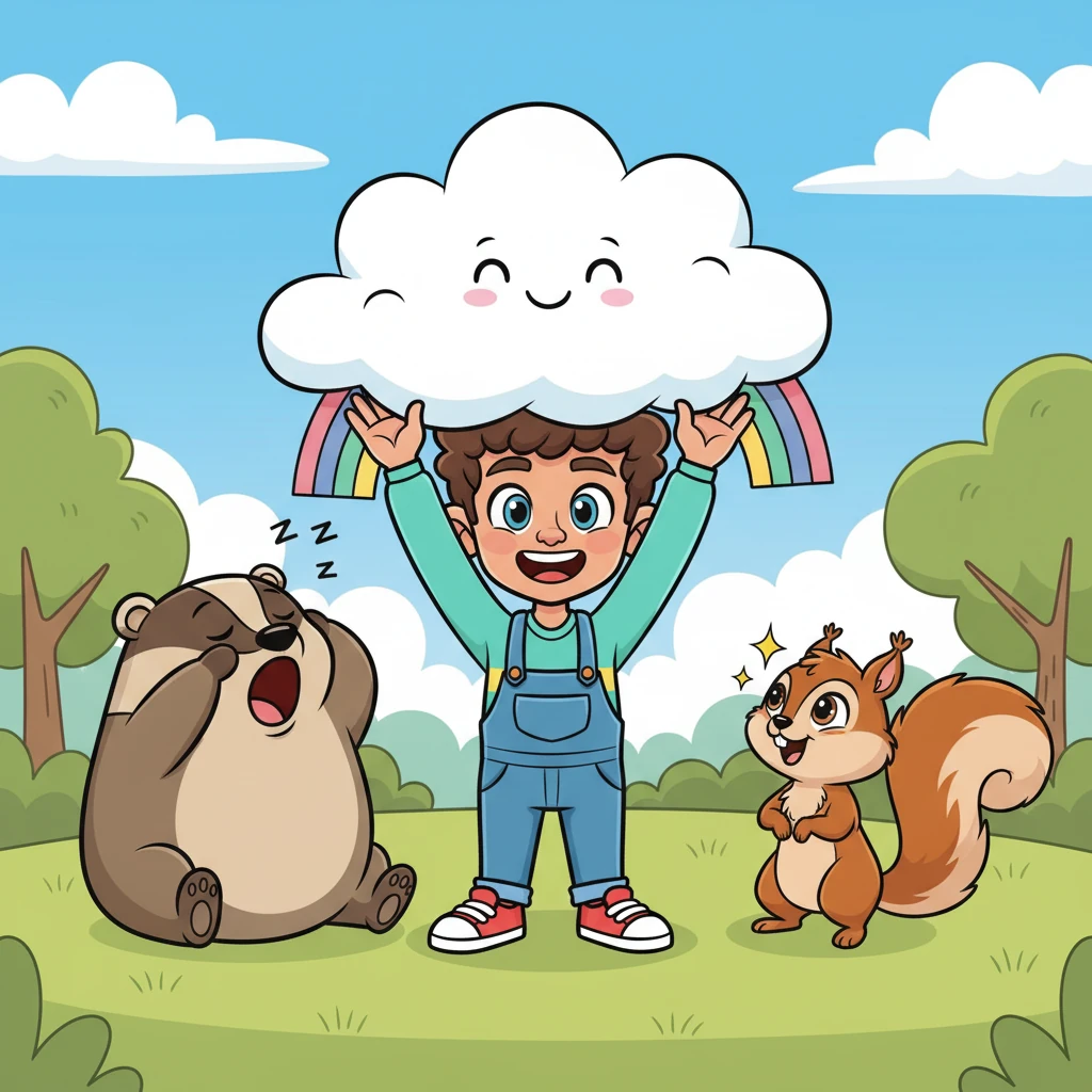"Look what I made!" Milo exclaimed, holding up his masterpiece to his best friends, a sleepy badger named Barnaby and a bouncy squirrel named Squeaky. Barnaby yawned, but Squeaky's bushy tail twitched with excitement, already admiring the happy cloud.