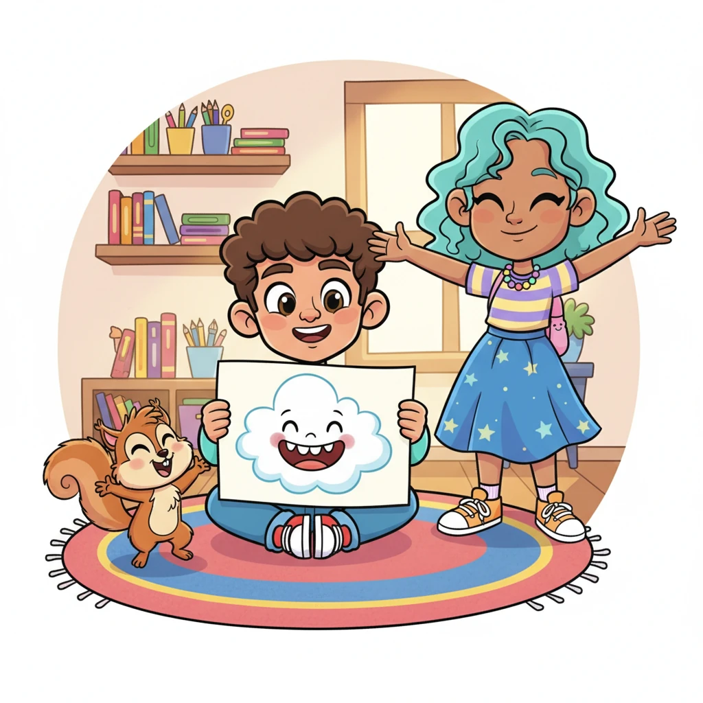 Barnaby stretched, then blinked at the drawing, a slow smile spreading across his face as he saw the cloud's infectious grin. Squeaky chattered happily, doing a little dance around Milo's feet. The room seemed to glow with the warmth of their shared delight, all thanks to Milo's art.