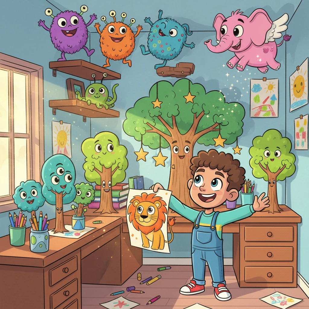 Soon, Milo's room transformed into a magnificent gallery of wonders. Whimsical creatures peeked from every corner, friendly monsters danced on the shelves, and a forest of smiling trees grew on his desk. Each drawing was a burst of pure, unadulterated joy, filling the space with endless cheer.