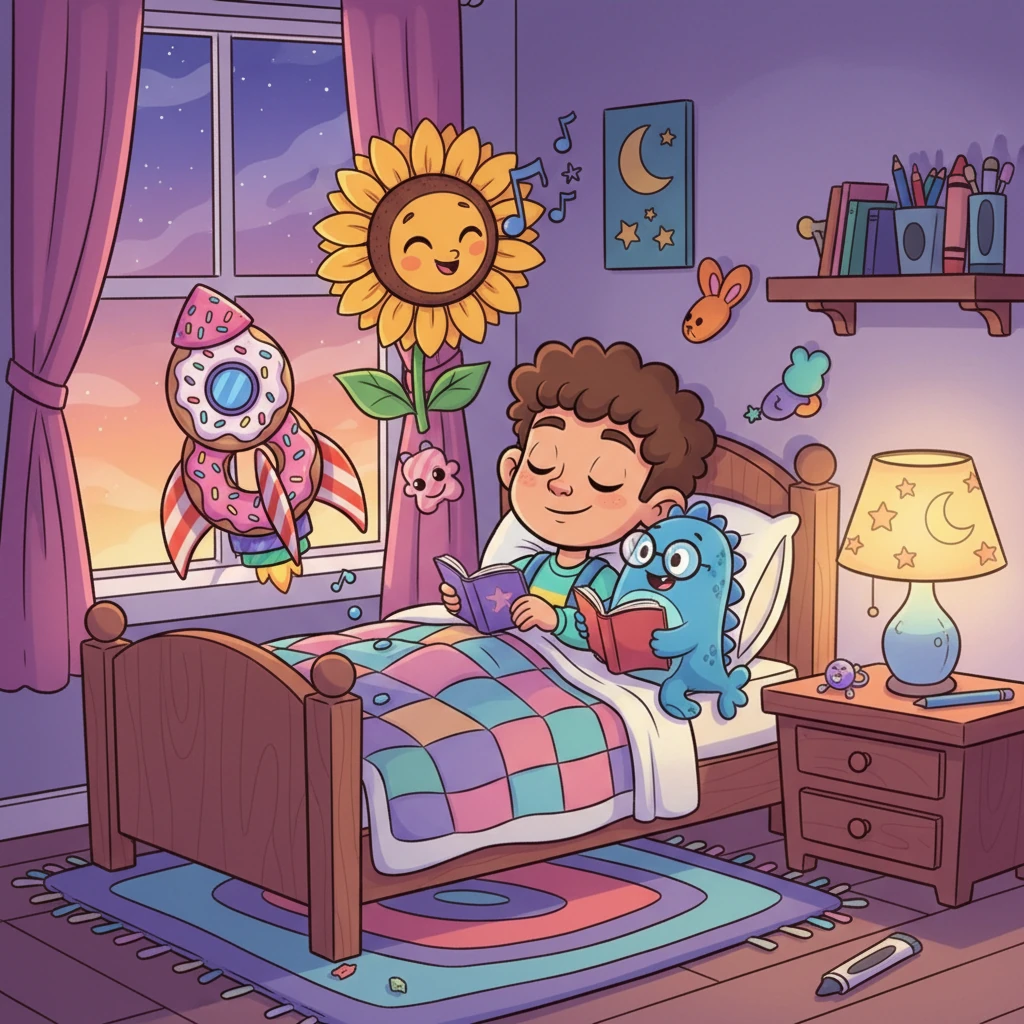 As twilight painted the sky in soft purples and oranges, Milo snuggled into bed, surrounded by his vibrant creations. His mind was still buzzing with new ideas—a rocket ship made of donuts, a singing sunflower, a friendly sea monster who loved to read. He drifted off to sleep, dreaming of endless possibilities.