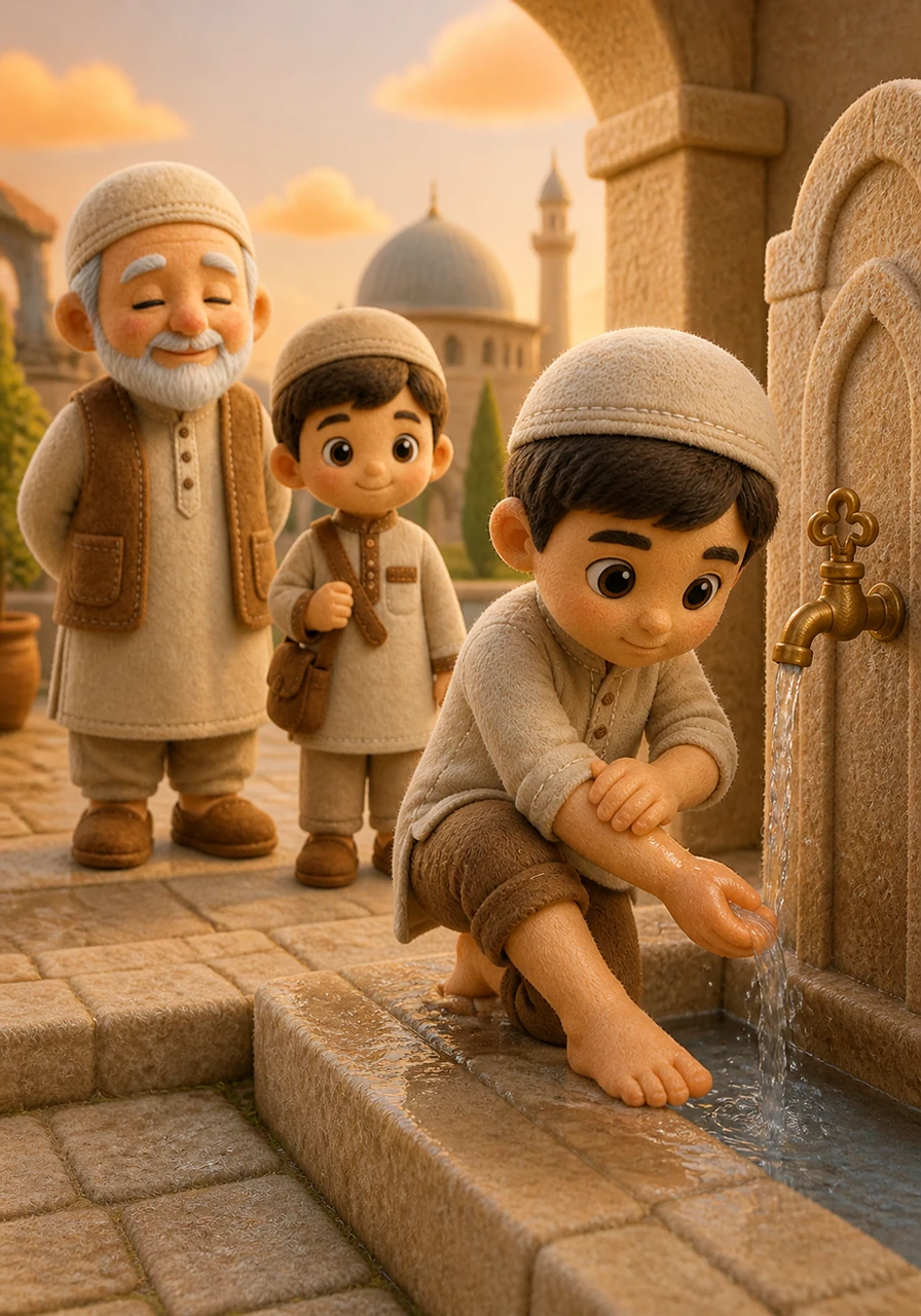 Yusuf carefully performs his ablution, feeling the cool water refresh his spirit and prepare him for prayer. He moves with mindfulness and grace, showing deep respect for the sacred task he is about to undertake in the silence of the morning.