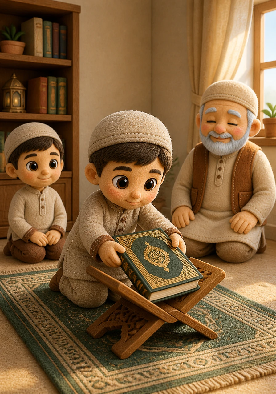 In the cozy corner of his room, Yusuf gently lifts his Quran from its high shelf and places it upon a beautifully carved wooden rehal. The golden patterns on the cover shimmer under the soft morning light, inviting him to explore the wisdom within the pages.