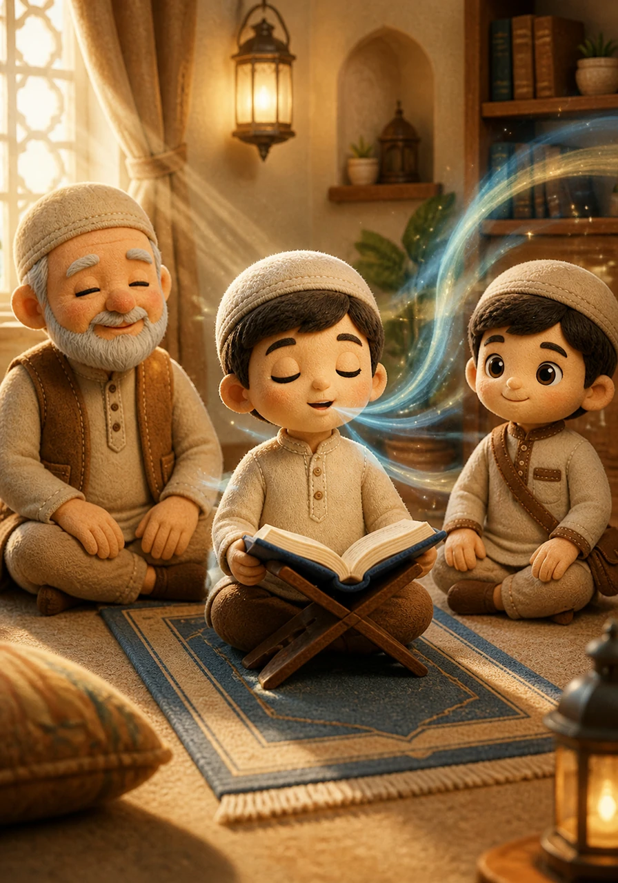 As he begins to recite, Yusuf’s voice fills the room like a gentle breeze, clear and melodious. Each word is pronounced with care and devotion, and he feels a deep sense of calm washing over him with every verse he speaks.