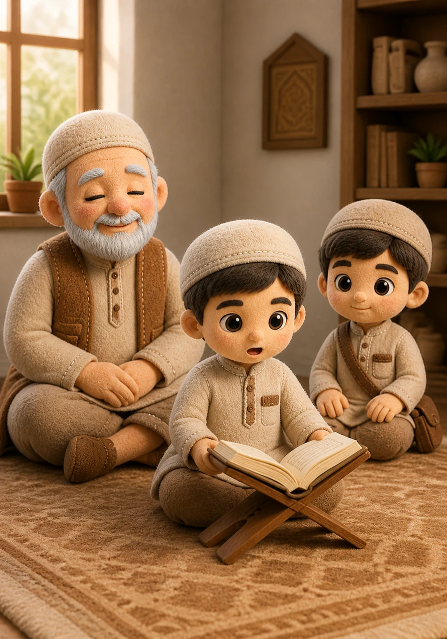Yusuf’s grandfather sits quietly nearby, his eyes closed as he listens to the beautiful recitation of his grandson. He smiles warmly with pride, knowing that the love for these holy words will guide Yusuf and light his path throughout his entire life.