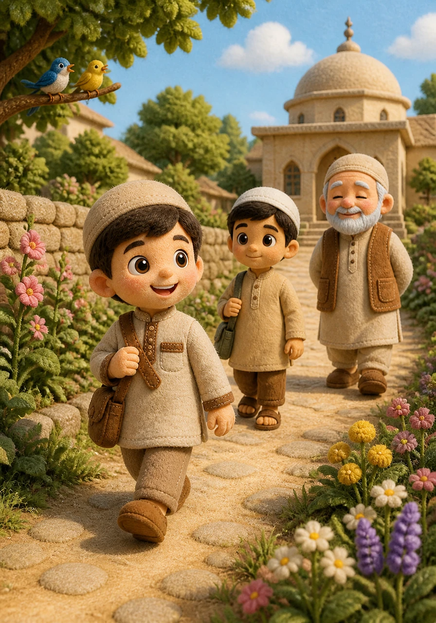With his small bag slung over his shoulder, Yusuf walks to the village madrasah to join his friends for their morning lessons. The path is lined with blooming flowers and singing birds, and he hums the verses he has just memorized along the way.