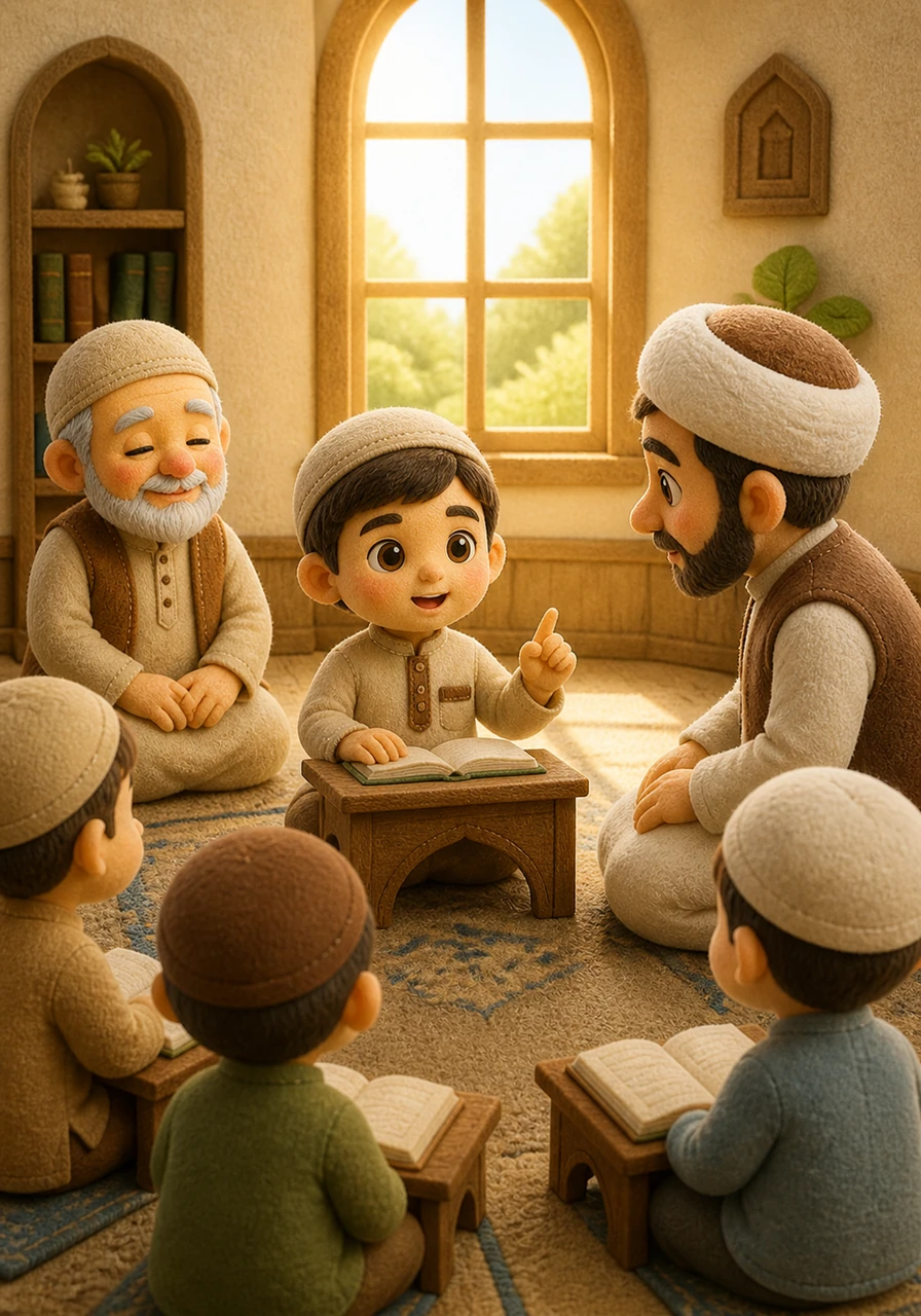Inside the sun-drenched classroom, the teacher listens intently as Yusuf recites his lesson for the day with perfect rhythm and tajwid. The other children look on with inspiration, seeing how much joy and peace Yusuf finds in his dedication to his studies.