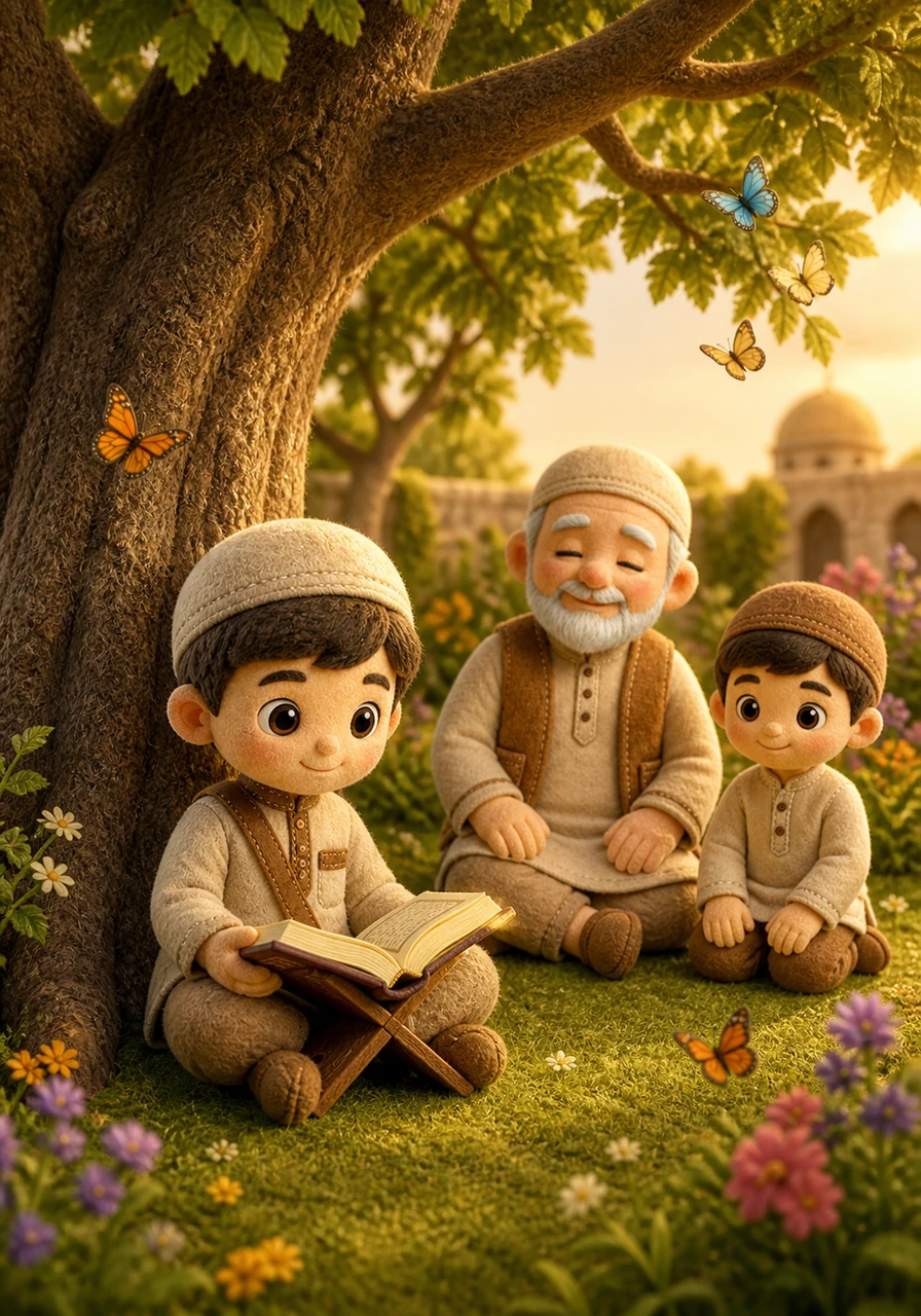 In the golden afternoon, Yusuf finds a quiet spot under a large, leafy oak tree in the garden to continue his reading. Even the butterflies seem to stop their dancing to listen to the peaceful sounds of his recitation echoing softly through the garden.