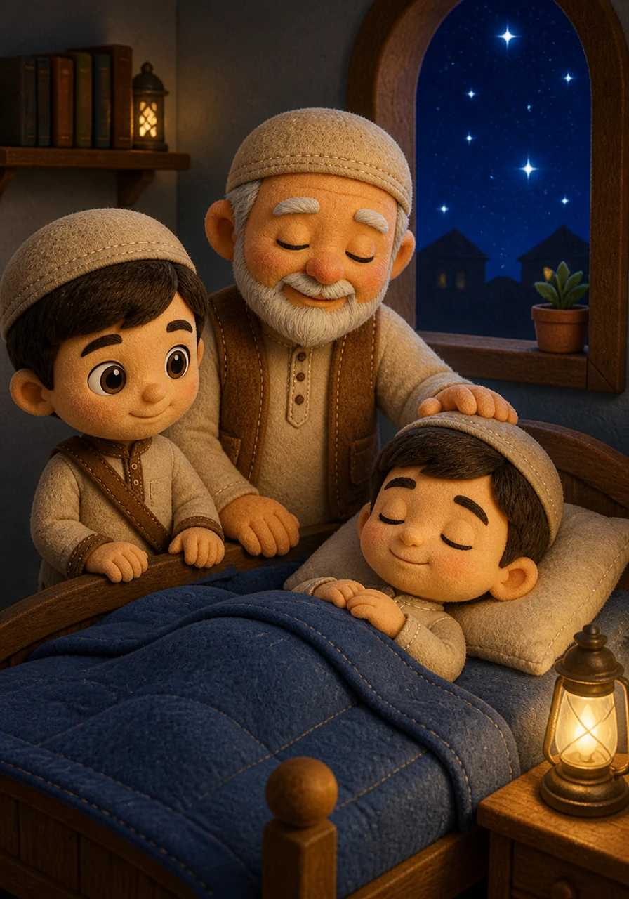 As night falls and the stars begin to sparkle in the sky, Yusuf tucks himself into bed feeling a profound sense of peace and protection. He closes his eyes with a smile, thankful for the light of the Quran that fills his heart and promises him sweet, blessed dreams.