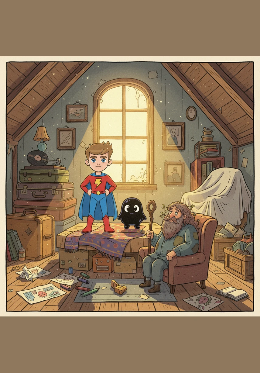 Leo discovers a mysterious, oversized coloring book tucked away in a dusty corner of his grandfather's attic. The pages are filled with intricate, empty designs that seem to hum with a faint, magical energy as he brushes his fingers over them.