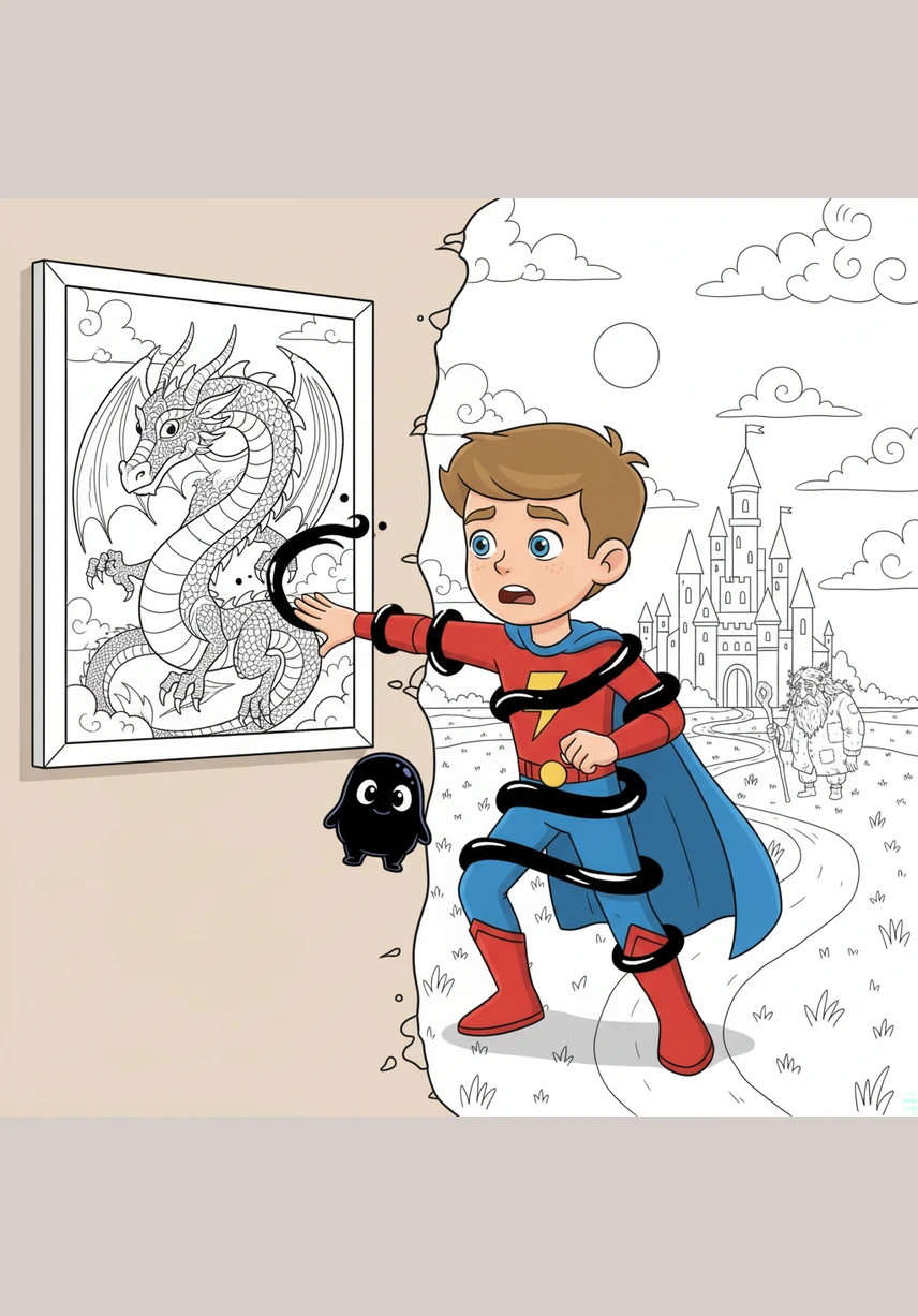As Leo touches a drawing of a majestic dragon, he is suddenly pulled into the paper by a swirl of ink. He finds himself standing in a vast, colorless landscape where the sky, the grass, and even the castle in the distance look like giant coloring pages.
