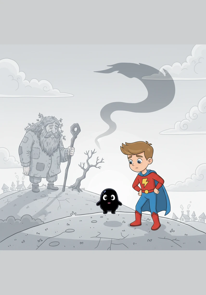 He meets a small, friendly ink-blot creature named Pip who explains that the world's color has been stolen by a shadow. Without color, the land of Scribbleia will eventually fade away into nothingness, leaving only blank space behind.