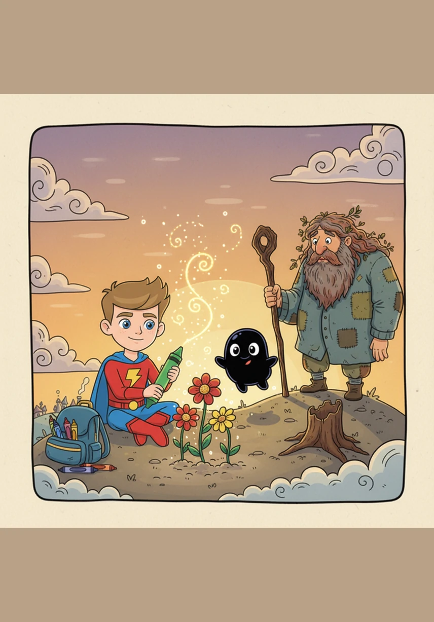 Leo realizes his backpack is still with him, filled with his favorite set of magical crayons and markers. He begins by coloring a small patch of flowers, which instantly bloom into vibrant reds and yellows, filling the air with a sweet fragrance.