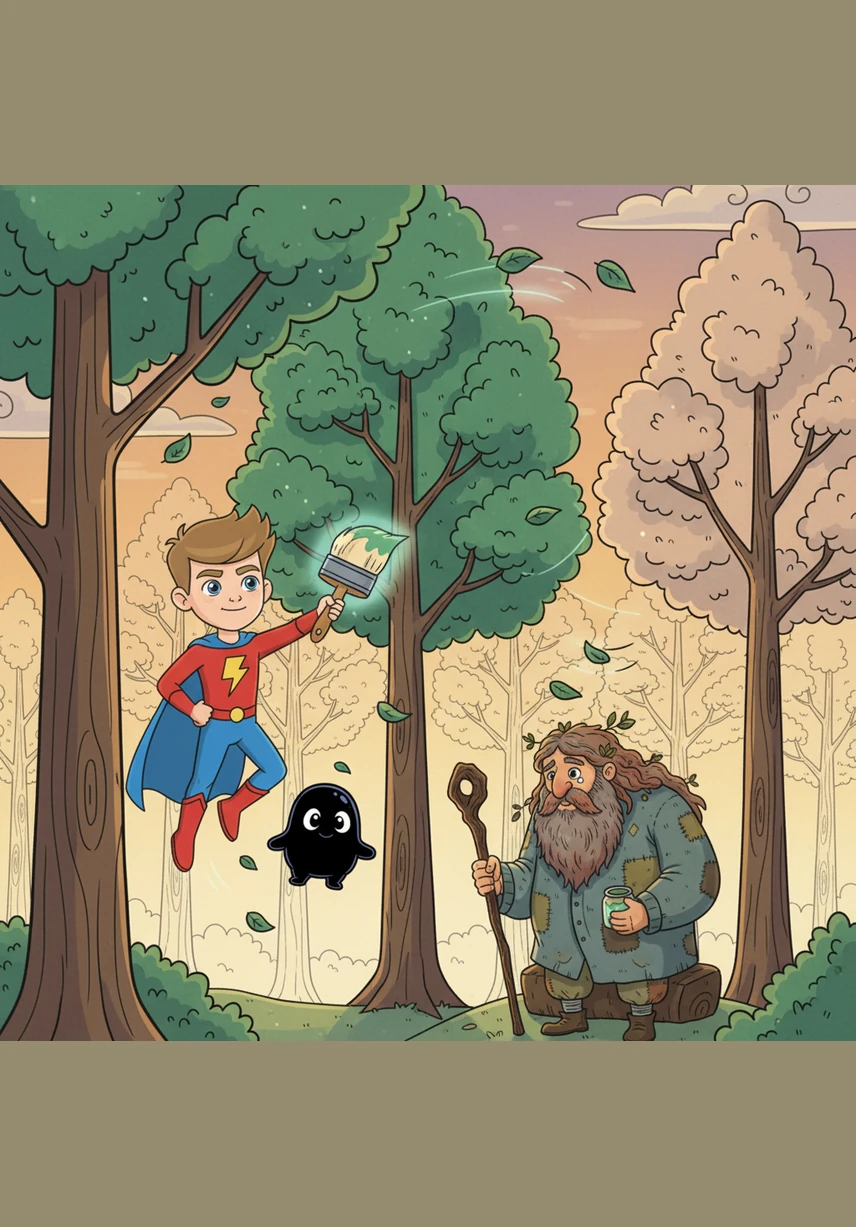 They reach the Forest of Lines, where the trees are tall geometric shapes waiting for shade and texture. Leo works tirelessly, adding emerald greens and deep browns to the towering oaks, watching as the leaves begin to rustle in a newfound breeze.