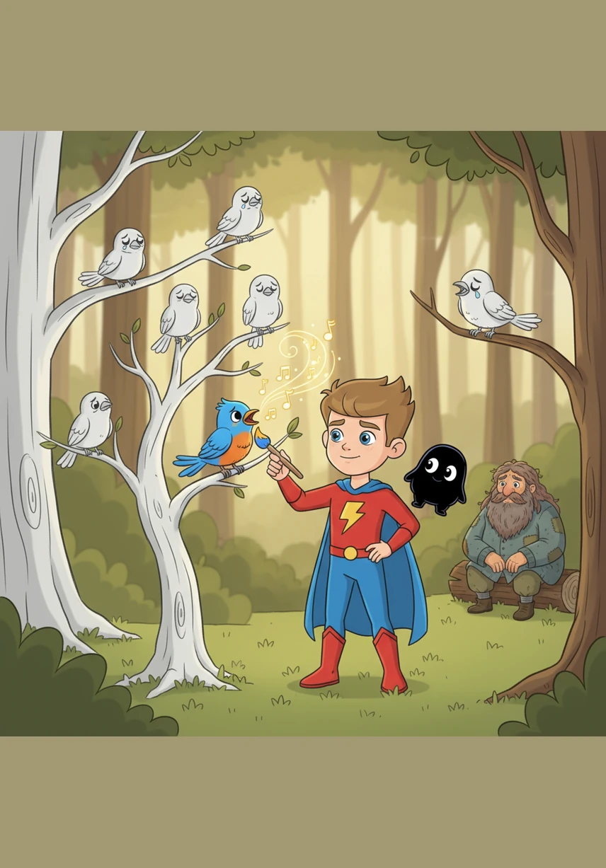 A group of colorless birds chirps sadly from the white branches above, their wings looking like delicate sketches. Leo carefully colors their feathers with brilliant blues and oranges, and they take flight, singing a joyful melody that echoes through the woods.