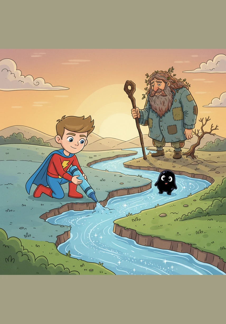 They arrive at the Crystal River, which is currently just a series of jagged, transparent outlines on the ground. Leo uses his brightest sky-blue crayon to fill the water, and it immediately begins to sparkle and flow toward the thirsty meadows.