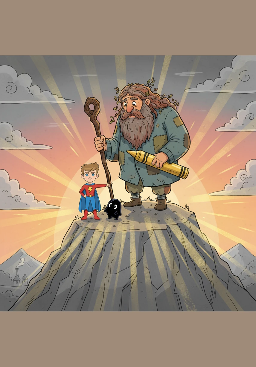 High atop the Monochrome Mountain, they find the source of the grayness—a lonely giant who never learned how to create beauty. Leo doesn't fight him; instead, he offers the giant a giant-sized golden crayon and shows him how to fill the world with light.